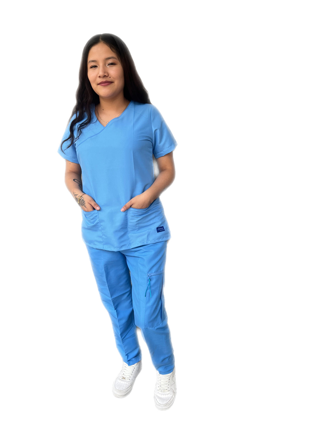 Pijama quirúrgica azul cielo spandex para Dama Cruzada Stanford repelente a liquidos